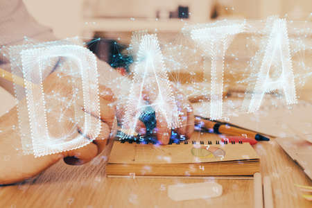 Human's hands with technology theme double exposure icons. Concept of big data.の写真素材