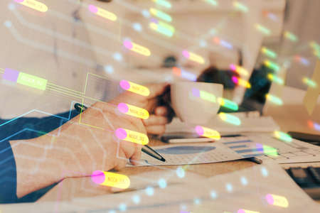 Human's hands with data theme double exposure background drawings. Concept of big data.の写真素材