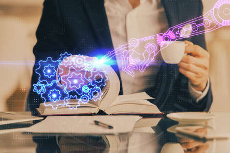 Human's hands with data theme multi exposure background drawings. Concept of innovation.
