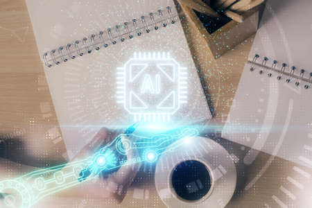 Multi exposure of woman's writing hand on background with data technology hud. Concept of...