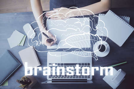 Start up creative drawing over close up hands on background. Concept of brainstorming. Multi...