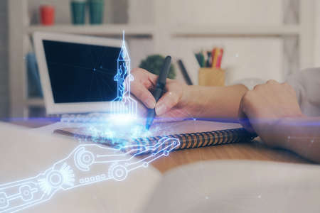 Start up creative drawing over close up hands on background. Concept of brainstorming. Multi...