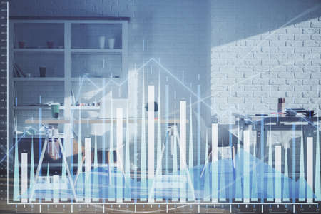 Double exposure of financial graph drawing and office interior background. Concept of stock market.