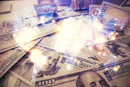 Multi exposure of business theme drawing over us dollars bill background. Concept of financial success.の写真素材