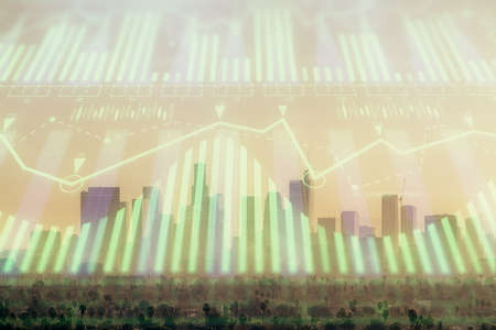Data theme hologram drawing on city view with skyscrapers background multi exposure. Bigdata concept.の写真素材