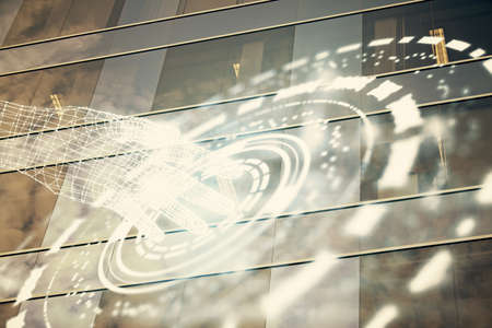 Data theme hologram drawing on city view with skyscrapers background multi exposure. Bigdata...