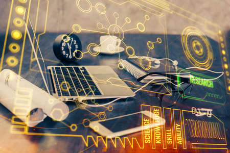 Double exposure of table with computer on background and data theme drawing. Concept of innovation.