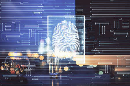 Computer on desktop in office with finger print drawing. Double exposure. Concept of business data...