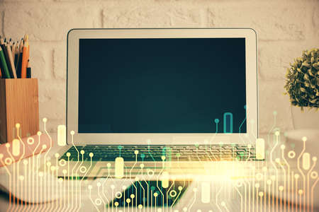 Double exposure of desktop with personal computer on background and tech theme drawing. Concept of Bigdata.の写真素材