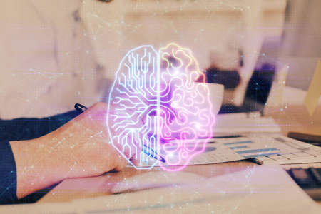 Brain multi exposure icon with man hands background. Concept of learning.の写真素材