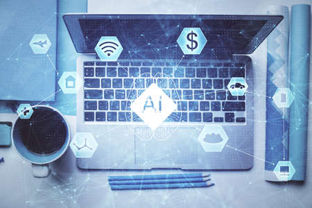 Multi exposure of data theme drawing hologram over topview work desk background with computer. Concept of technology.の写真素材