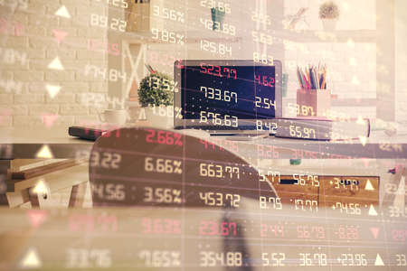 Double exposure of financial graph drawing and office interior background. Concept of stock market.