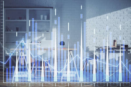 Double exposure of financial graph drawing and office interior background. Concept of stock market.