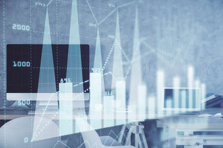 Multi exposure of financial graph drawing and office interior background. Concept of market...