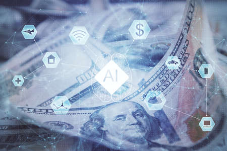 Double exposure of data theme drawing over us dollars bill background. Technology concept.の写真素材