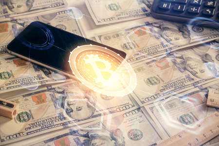 Multi exposure of crypto theme drawing over us dollars bill background. Concept of blockchain...
