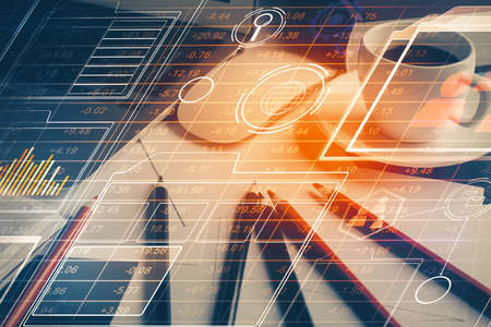 Double exposure of desktop with computer on background and tech theme drawing. Concept of big data.
