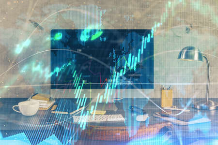 Multi exposure of forex graph and work space with computer. Concept of international online trading.