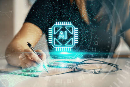 Multi exposure of woman's writing hand on background with data technology hud. Concept of...