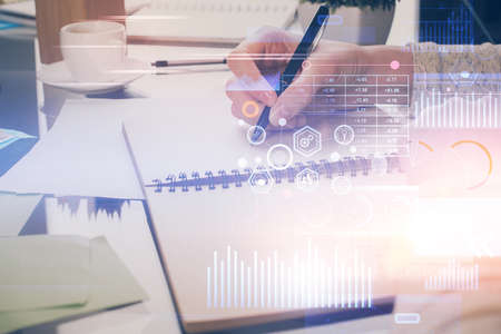 Double exposure of writing hand on background with data solution technology hologram. Ai concept.