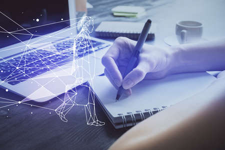 Start up creative drawing over close up hands on background. Concept of brainstorming. Multi...