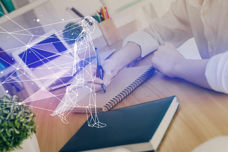 Start up creative drawing over close up hands on background. Concept of brainstorming. Multi exposureの写真素材