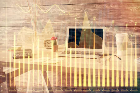 Double exposure of financial graph drawing and office interior background. Concept of stock market.