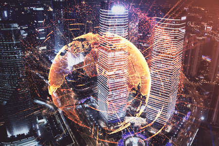 Multi exposure of social network theme drawing and cityscape background. Concept of people connecton.の写真素材