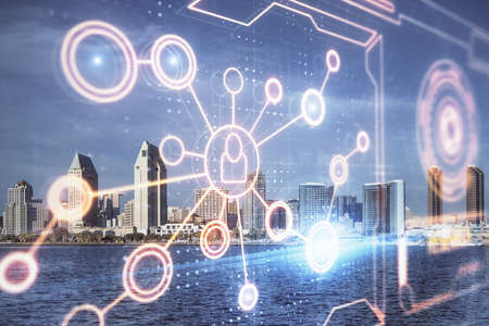 Double exposure of social network theme drawing and cityscape background. Concept of people...