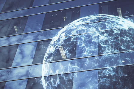 Multi exposure of social network theme drawing and cityscape background. Concept of people connecton.の写真素材