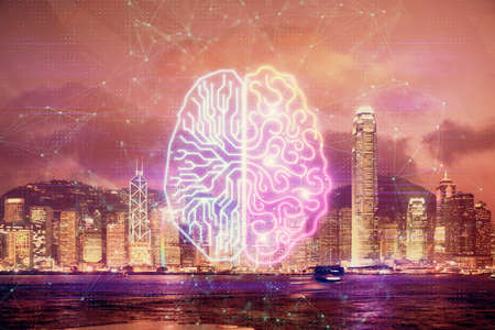 Brain hologram drawing on city scape background Double exposure. Brainstorming concept.の写真素材