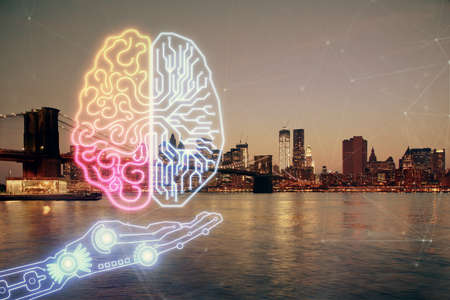 Brain hologram drawing on city scape background Double exposure. Brainstorming concept.の写真素材