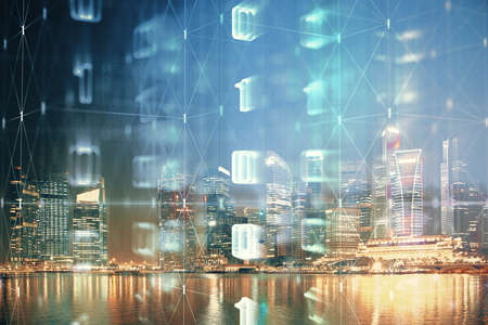 Data theme hologram drawing on city view with skyscrapers background multi exposure. Ai concept.