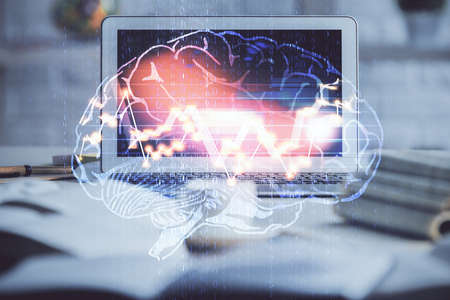 Double exposure of work space with computer and human brain drawing hologram. Brainstorm concept.の写真素材