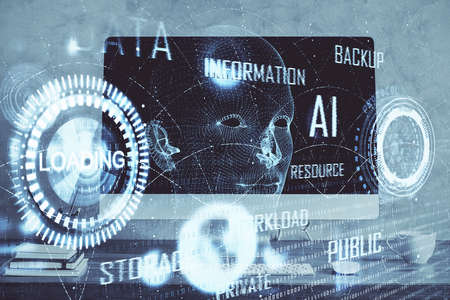 Double exposure of computer and technology theme hud. Concept of innovation.