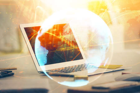 Multi exposure of business theme icons and table with computer background. Concept of success.の写真素材