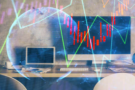 Multi exposure of forex graph and work space with computer. Concept of international online trading.