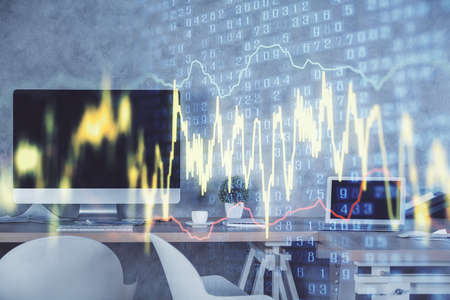 Multi exposure of financial graph drawing and office interior background. Concept of market...