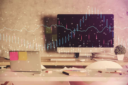 Multi exposure of financial graph drawing and office interior background. Concept of market...
