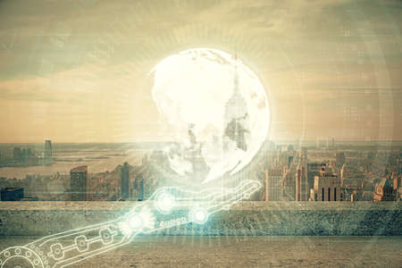 Map and data theme hologram on city view with skyscrapers background double exposure. International...