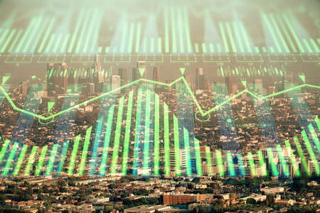 Data theme hologram drawing on city view with skyscrapers background double exposure. Technology...