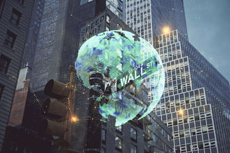 Double exposure of social network theme drawing and cityscape background. Concept of people connecton.の写真素材