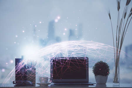 Computer on desktop with social network hologram. Double exposure. Concept of international people...