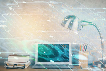 Multi exposure of desktop with computer on background and tech theme drawing. Concept of big data.