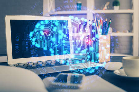 Double exposure of desktop computer and human brain drawing hologram. Ai concept.