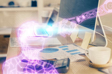 Computer on desktop with AR theme icon. Multi exposure. Concept of augmented reality.