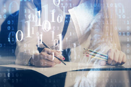 Multi exposure of woman's writing hand on background with data technology hud. Big data concept.の写真素材