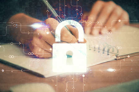 Multi exposure of woman's hands making notes with lock icon. Concept of security and protection of dataの写真素材