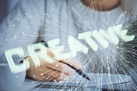 Start up creative drawing over close up hands on background. Concept of brainstorming. Multi...