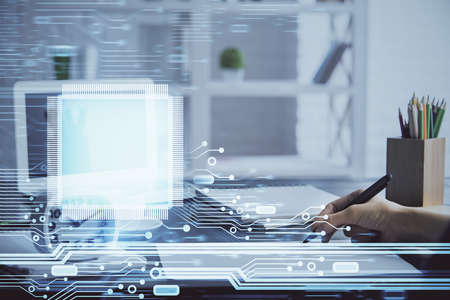 Multi exposure of woman hands on background with technology coding hologram. Data concept.